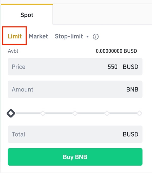 คำสั่ง limit order บน Binance